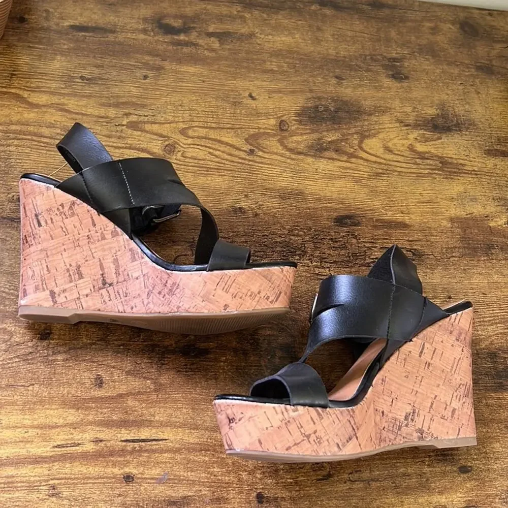 American Eagle Black Thick Strappy Cork Open Toe Platforms